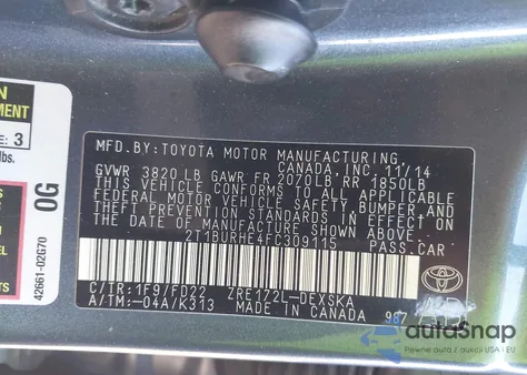 2015 Toyota Corolla S from USA, damaged, VIN 2T1BURHE4FC309115